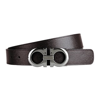 SALVATORE FERRAGAMO GANCINI金屬LOGO荔枝紋小牛皮雙面釦式皮帶(寬版/黑x褐)