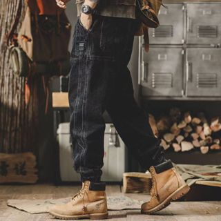 牛仔縮口褲 鬆緊帶腰圍 伸縮彈力 多口袋工作褲 多口袋牛仔褲 工作褲