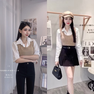𝐖𝐀𝐍𝐘𝐈⧓短袖/長袖🤎學院風甜辣妹新款長袖襯衫+短款背心馬甲女裝兩件套上衣套裝