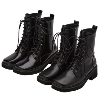 【Grace Gift】靴子 短靴 軍靴【百搭專屬方頭輕量厚底綁帶短靴】2色 35-43號 大尺碼 綁帶靴