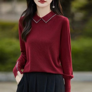 胖胖美依 長袖上衣 娃娃領上衣 針織衫 長袖毛衣 素面打底衫 內搭衣女翻領燙鑽爆款內搭洋氣疊穿針織TBF19.2643