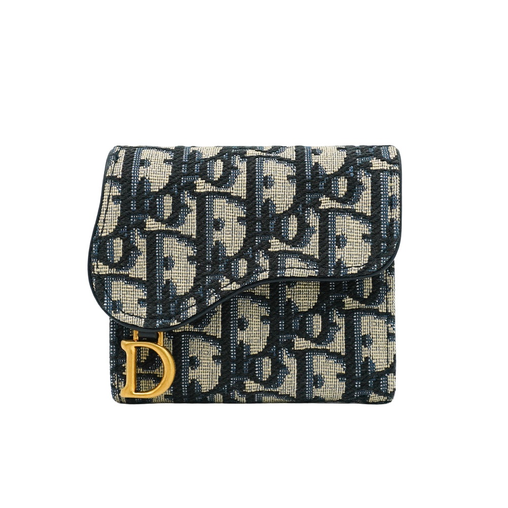 Dior 展示品 Oblique Saddle Lotus 緹花釦式三折短夾(藍)