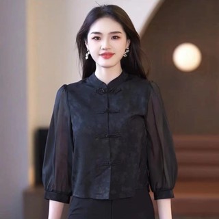 春夏高檔中國風洋氣小衫 氣質時尚復古中式顯瘦七分袖襯衫 寬鬆女士上衣