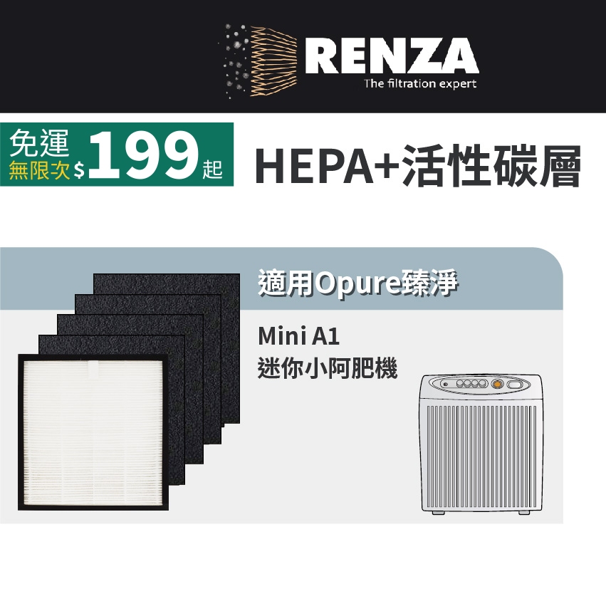 適用Opure臻淨 Mini A1 迷你小阿肥機 空氣清淨機 1片HEPA濾網+4片活性碳濾網 濾網 濾芯組