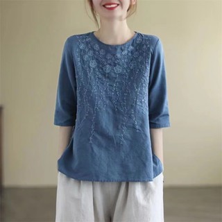 中國風 2025新款 純棉文藝復古 棉麻純色短袖小衫女款 民族風寬鬆顯瘦 半袖T恤女 重工刺繡 舒適百搭 圓領上衣