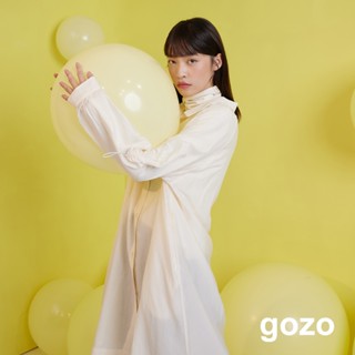 【gozo】天絲暗條紋抽繩袖開襟洋裝(米色/深藍 F) | 女裝 修身 百搭 襯衫
