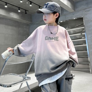 熊仔貝兒 現貨新款 韓版兒童百搭漸層長袖圓領上衣 春秋兒童 中大童寬鬆童裝款 粉灰色 男童長袖上衣 140~170碼