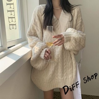 【diff】韓版寬鬆復古麻花v領毛衣 針織上衣 長袖上衣 女裝 衣服 保暖上衣 冬季女裝 秋冬女裝 發熱衣【w396】