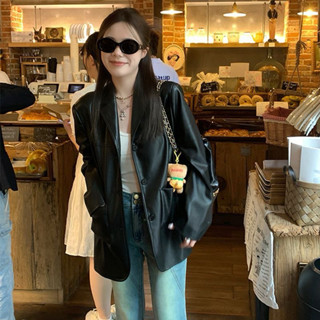 𝟑𝐮𝐧𝐢𝐨𝐧｜隔日到貨｜（有實拍）設計感西裝皮衣外套女韓系夜場女裝高街時尚黑色PU西裝外套