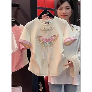 T恤 短袖女 上衣💕復古中式夏季重工刺繡短袖T恤女2024新款國風時尚百搭盤扣上衣女