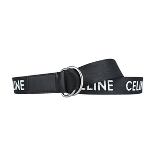 CELINE白字LOGO設計尼龍搭牛皮金屬雙環腰帶(窄版/黑x白)