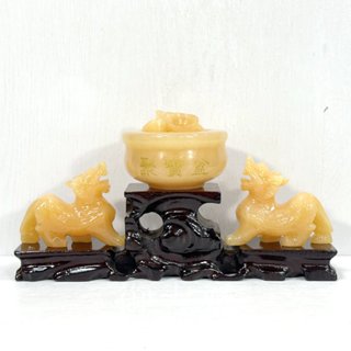 【御古齋】精選 天然 黃玉 精雕飛天貔貅 聚寶盆 木座 招財組合 招財進寶 財源廣進 店面居家 風水開運擺件 0729