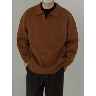 臺灣發貨 韓版翻領針織衫 M-3XL 純色 素面 寬鬆毛衣 大學T 落肩 男長袖秋冬針織毛衣 男 毛衣男 針織上衣
