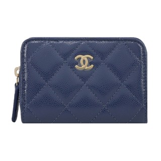 CHANEL 經典雙C LOGO菱格紋小牛皮拉鍊零錢包(海軍藍)｜100%原廠真品｜JS Maxx官方旗艦館