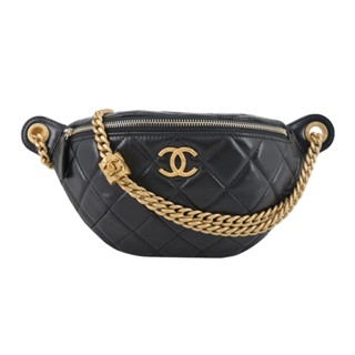 CHANEL經典螺紋雙C LOGO菱格紋小羊皮腰包(黑色)｜100%原廠真品｜JS Maxx官方旗艦館