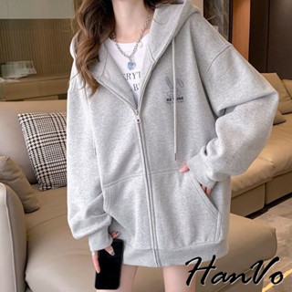 【HanVo】兔子刺繡寬鬆連帽外套 慵懶時尚潮流百搭 韓系女裝 女生衣著 A07-4530