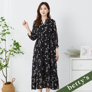 betty’s貝蒂思(35)落葉點點跳色印花雪紡小V領長洋裝(黑色)