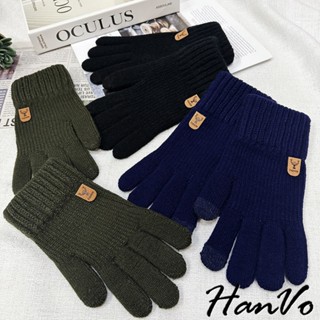 【HanVo】男款麋鹿標籤絨毛針織手套 質感簡約純色保暖 男生手套 男生配件 B09-9004