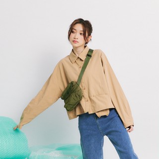【Dailo】貓咪探頭率性造型短版長袖襯衫 綠 杏 紫