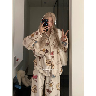 日係可愛kitty珊瑚絨睡衣 秋冬加絨保暖法蘭絨家居服 套裝