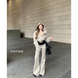 KIKIFAME🩶INS質感·休閒連帽長袖外套 撞色微喇長褲 連帽套裝 套裝 短版外套 休閒長褲 喇叭褲 拼接褲 兩件套