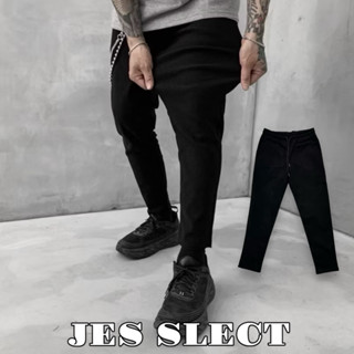 【JES】 韓國 質感 彈性 素面 純黑 上寬下窄 窄版 修身 顯瘦 親膚 透氣 百搭 潮流 休閒 九分褲 工作褲 長褲