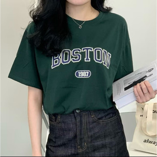 深綠色波士頓印花oversize Tee