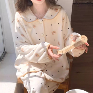 ♡ ｜𝟕𝒑𝒖𝒑𝒖🧸Cute圓領小熊冬天居家服🧸電子發票/冬天睡衣/珊瑚絨/外套/長褲/冬天睡褲/女生睡衣