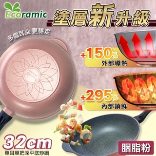 韓國Ecoramic 鈦晶石大深平底不沾鍋 - 32cm酒紅色/胭脂粉色單耳單把大深平底炒鍋