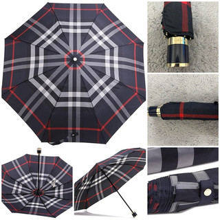二手Burberry 金色手把經典格子紋 折疊雨、洋2用傘～96成新～