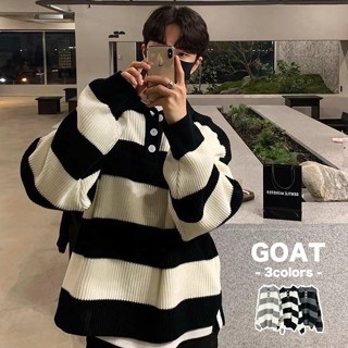 『GOAT』長袖 針織 毛衣 條紋 POLO衫 衣服 上衣 寬鬆 落肩 休閒 情侶 百搭 韓國 秋冬