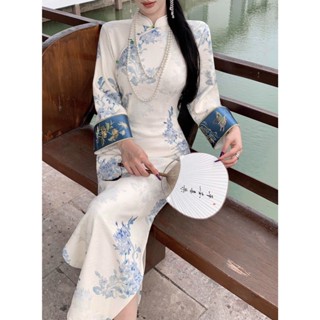 藍花瓷 S-2XL 新中式國風女裝 改良式旗袍洋裝 加絨加厚秋冬款 2024年新中式刺繡連身裙 改良版旗袍 修身顯瘦旗袍