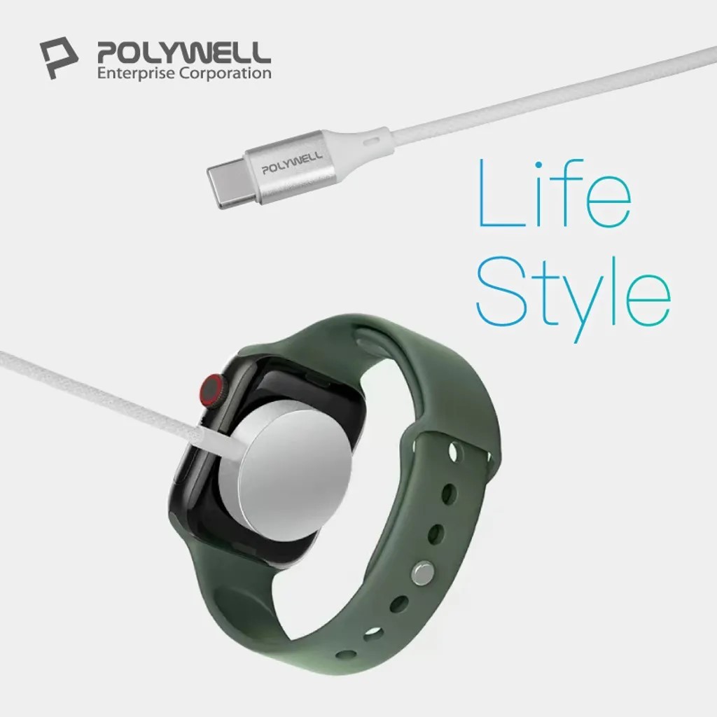 【POLYWELL】Type-C 磁吸 編織 充電線 充電座 1米 適用Apple Watch 蘋果手錶【蘑菇生活家電】