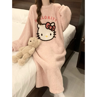 2024冬季kitty睡衣 秋冬珊瑚絨加絨加厚可愛貓睡裙 保暖絨可外穿 家居服