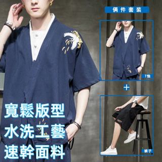 【H】家雜貨鋪 男士漢服道袍刺繡側邊抽繩古著魏晉風短版上衣棉麻外套春秋古著斜襟交領漢服男夏季潮牌中式棉麻短袖t卹中國風刺