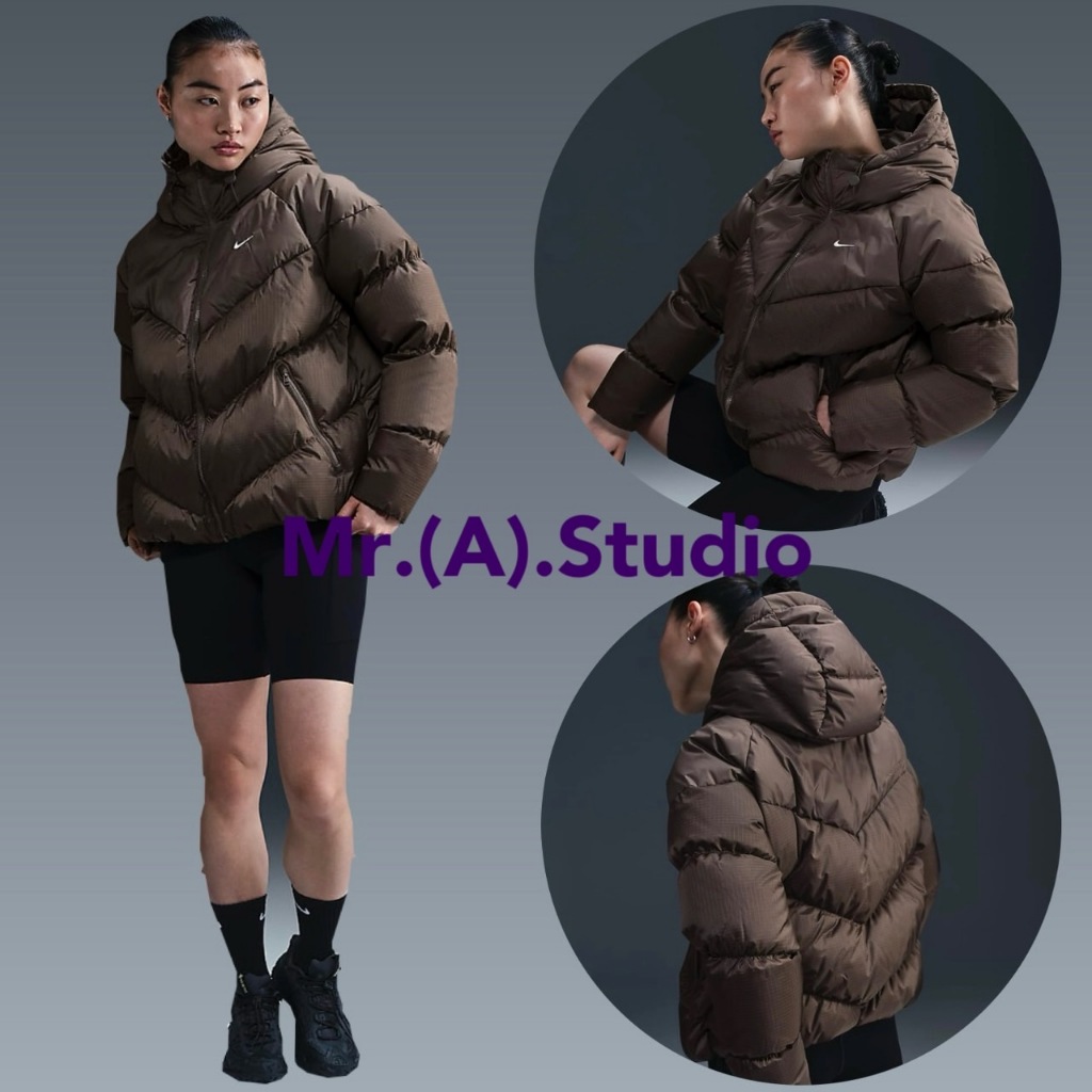 Mr.A😈A先生 Nike 棕灰 羽絨 口袋拉鍊 鬆緊帶下擺 寬鬆 羽絨外套 連帽外套 女生 HF7871-004