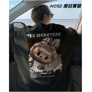 【NOSD】LABUBU 大學T 黑色大學t 圓領上衣 男生大學t 長袖衛衣 oversize 男 大學t 韓國 男長袖