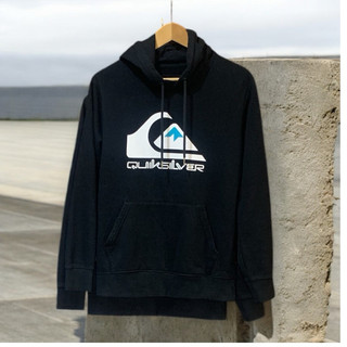 92%🆕Quiksilver 男S女M-L長袖 刷毛帽T 大學T 連帽上衣 BIG LOGO HOOD(黑）