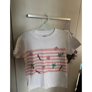 正版Uniqlo KAKAO FRIENDS二手女童白色桃子條紋短袖T恤/上衣 size120