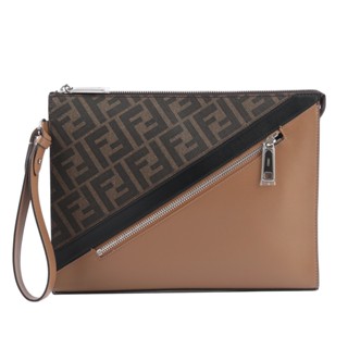 FENDI FF Logo帆布拼牛皮手拿包(咖啡/淺棕)