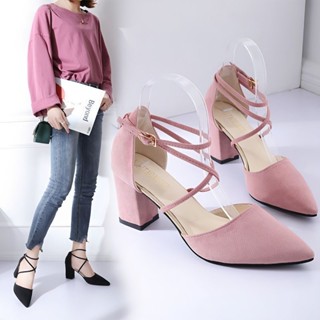 👠跟鞋 韓版百搭尖頭一字扣尖頭粗跟鞋 韓版百搭高跟鞋 春夏新款中空涼鞋 性感交叉綁帶羅馬女鞋子 跟高7公分