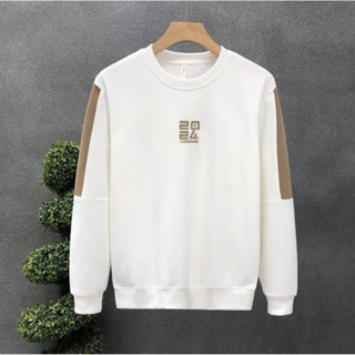 歐美圓領大學T男|大尺碼110公斤男裝上衣|春秋刺繡衛衣|寬鬆白色打底衫|男士繡花大學T|休閒內搭長袖上衣|圓領衛衣
