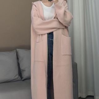 針織外套 韓版 毛衣外套大尺碼 慵懶風連帽針織開衫上衣女2023新版休閒百搭中長版素色外套大衣洋 羊毛外套 羊毛衫 HE