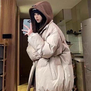 韓版寬鬆連帽羽絨服 中長版連帽外套 鋪棉外套 女生麵包外套 加厚冬季外套 厚外套 羽絨外套 大尺碼中長版保暖連帽外套女生