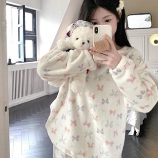 ♡ 最後現貨｜𝟕𝒑𝒖𝒑𝒖🧸溫暖甜心蝴蝶結冬天居家服🧸電子發票/冬天睡衣/保暖/女生睡褲/法蘭絨睡衣/女生睡衣/長袖+長褲