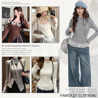 【FANTASY】韓系復古德絨打底衫 蕾絲拼接長袖 純欲修身打底衫 立體花朵上衣 假兩件撞色長袖 性感綁帶長袖上衣 女