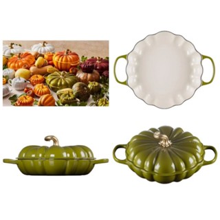 LE CREUSET 南瓜鍋/28cm/淺底鍋/橄欖綠/金頭/內鍋白/萬聖節/耶誕節/海鮮鍋/平底鍋/火鍋/綠南瓜