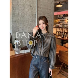 【隔日到】格紋襯衫 DANA 秋冬韓系復古百搭簡約繫帶領氣質長袖上衣