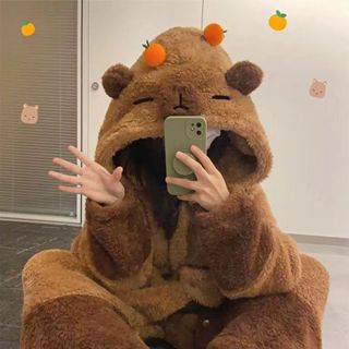 卡皮巴拉睡衣女2025冬季新款連帽珊瑚絨卡通可愛風睡袍