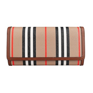 BURBERRY HALTON內燙金LOGO英倫風直條紋設計塗層帆布拚牛皮10卡釦式長夾(米x棕)